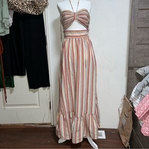 Cutout Detail Striped Ruffle Hem Halter Dress